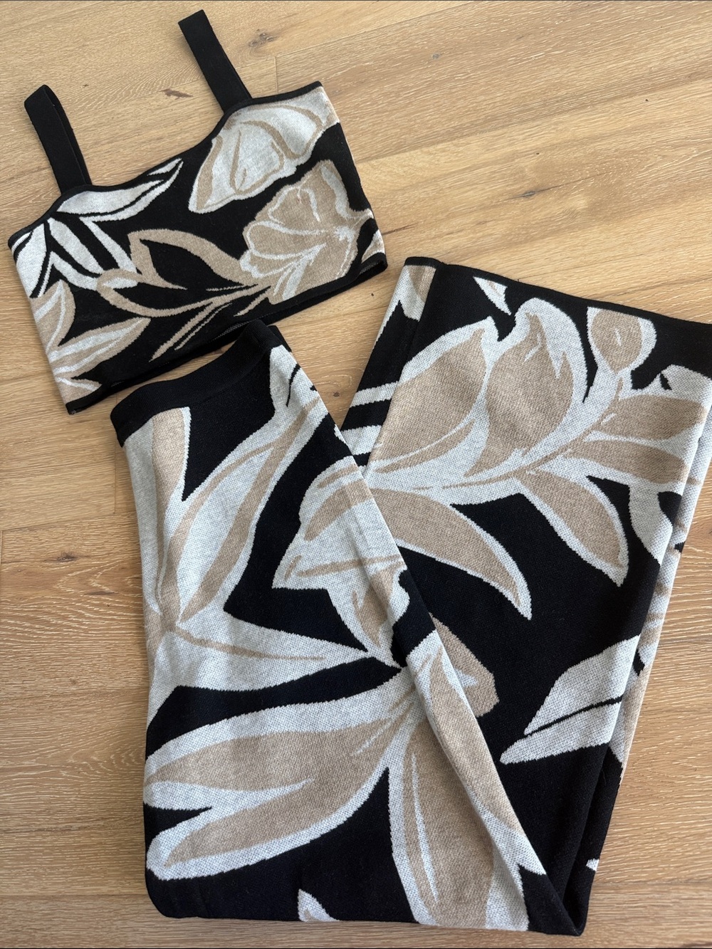 Vici Black and Beige Floral Knit Skirt Set